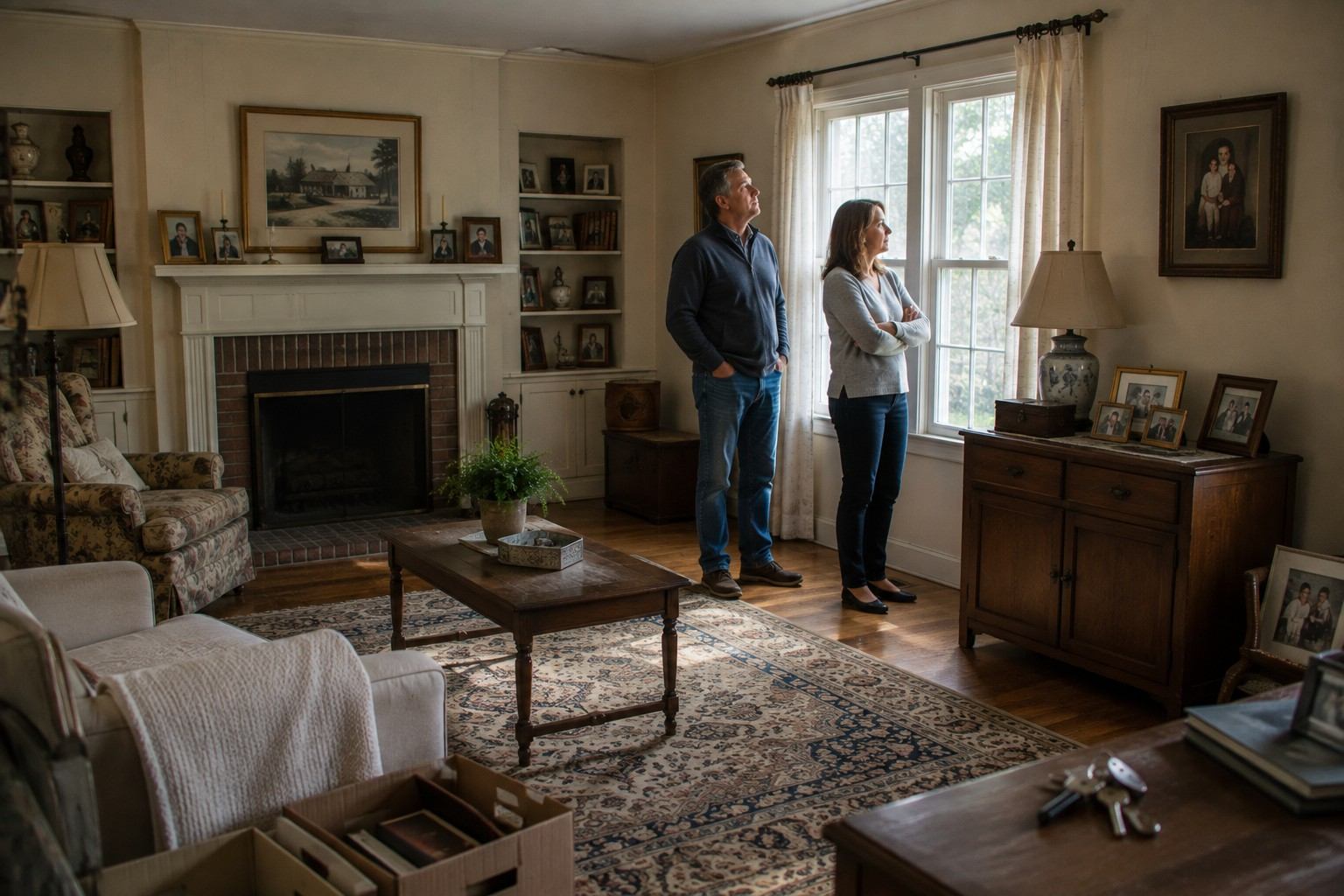 Owner reviewing property documents and house keys while considering options for an inherited home.