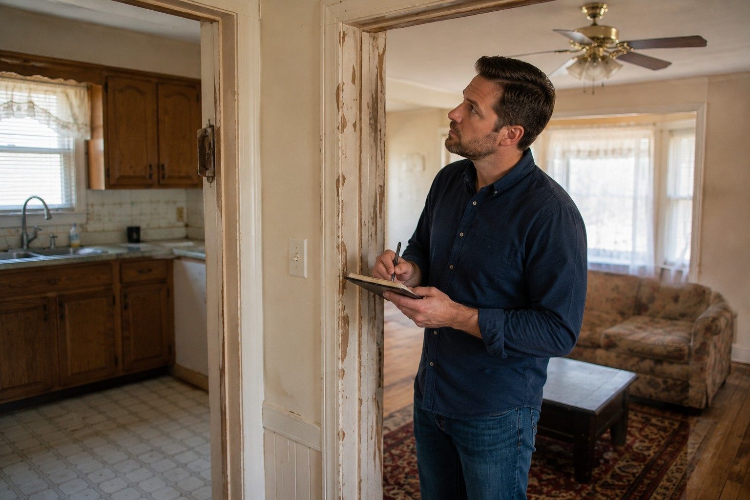 Real estate investor evaluating the condition of an older home being considered for an as-is sale.