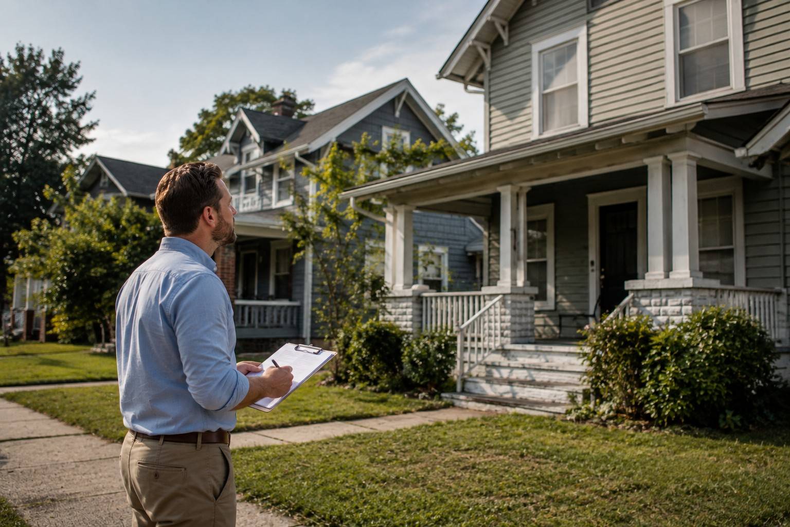 Real estate investor evaluating a residential property's condition and surrounding neighborhood.