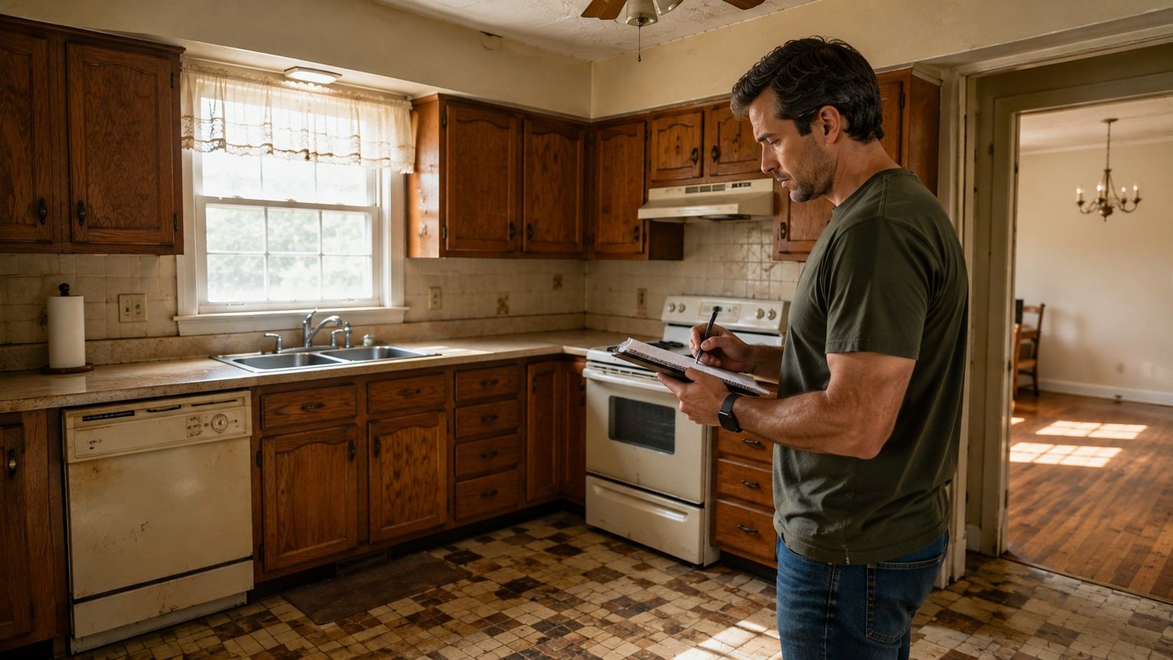Property owner evaluating repair needs before deciding whether to sell a home to a real estate investor.