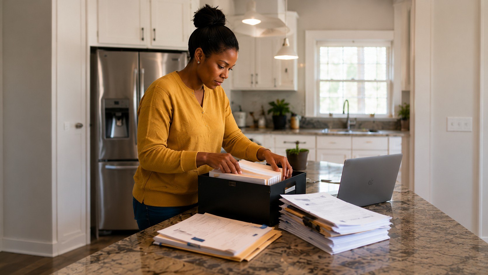 Investment property owner organizing lease, expense, and maintenance records before considering a property sale.